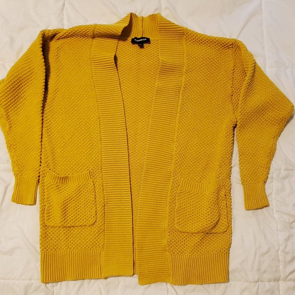 Express Women's Mustard Yellow Cardigan Sweater with Pockets - XXS